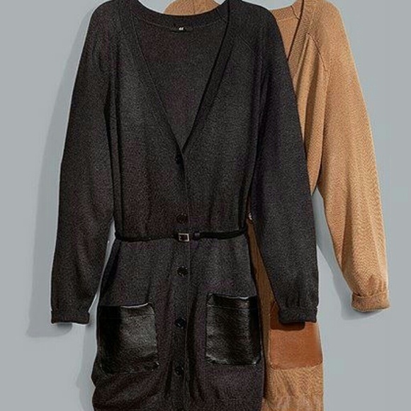 Grey with faux leather pockets long cardi small