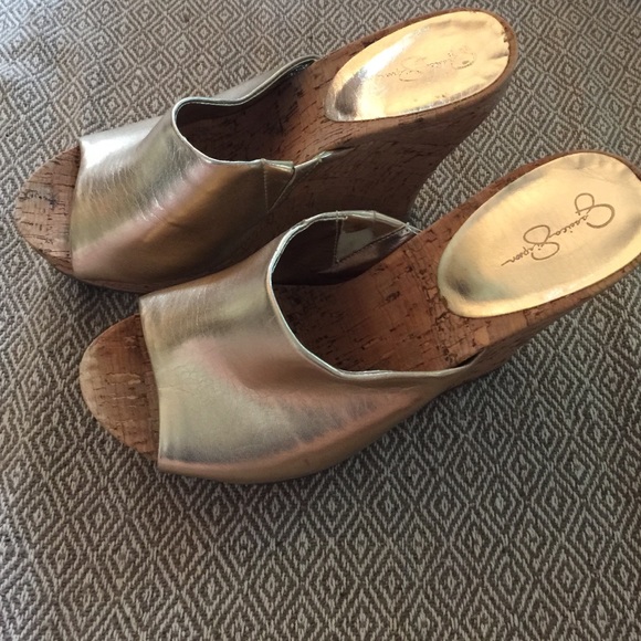 Jessica Simpson gold wedges