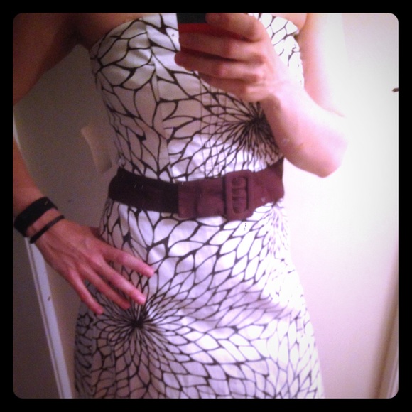 Brown and white strapless belted dress