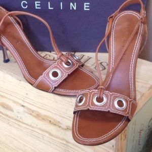 SALE Celine Tan Heel Sandal w/ Silver Grommets  38