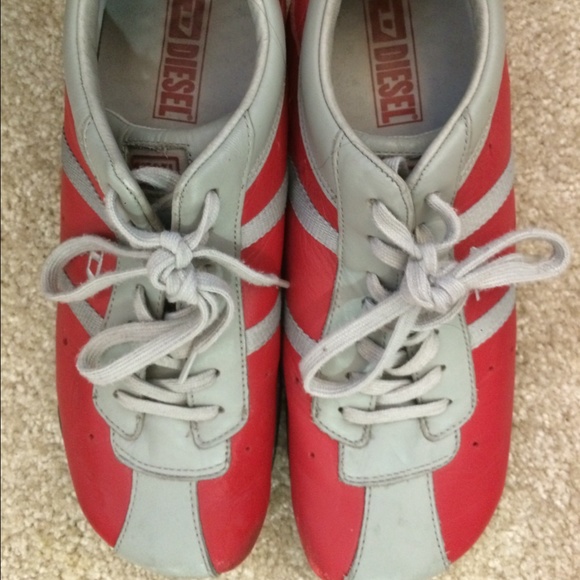 Red/grey leather "Evelyn" Diesel sneakers.