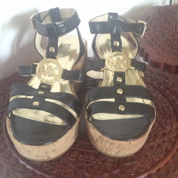 MICHAEL Michael Kors black leather wedge sandals