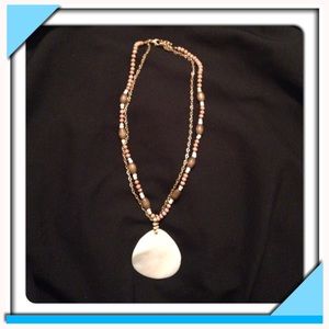 Shell Like Pendant Necklace Gold Color/Wood Bead
