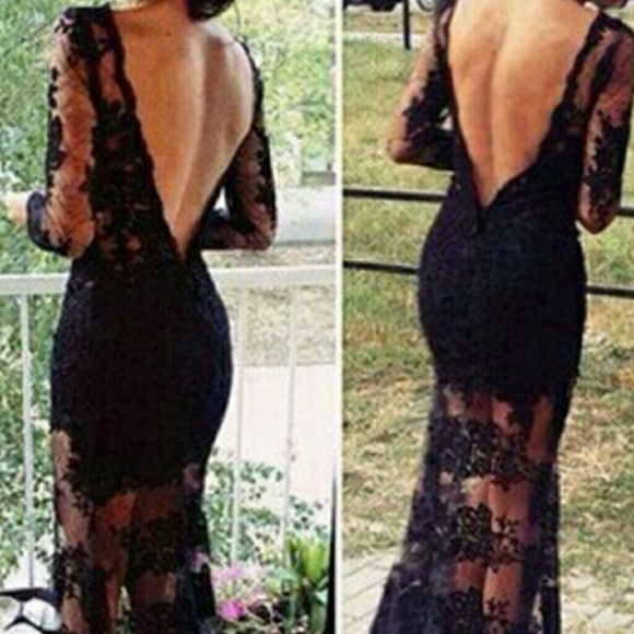 V Back Long Sleeve Black Lace Dress
