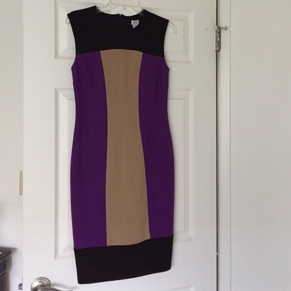 💜Cache Sheath Dress 6 Purple Black Tan Colorblock