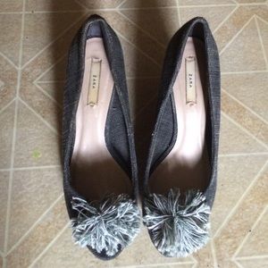 Zara Grayish Blue Linen peep-toe Wedges size 7.5