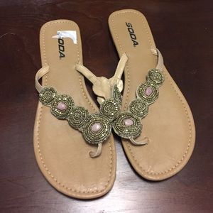 Cute sandals with gold and light pink beads!