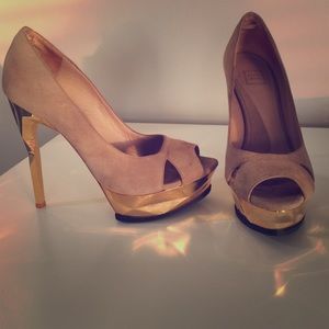 Herve Leger tan suede with geometric gold heels