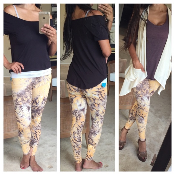 💛 NWT - CANDIDA MARIA Tan Yellow Caramel Abstract Tie-Dye Leggings Sz M - Picture 2 of 8