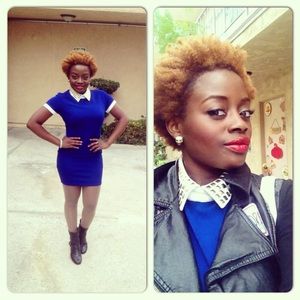 Blue body dress with metallic white collar