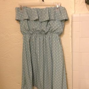 A light blue and white polka dotted dress
