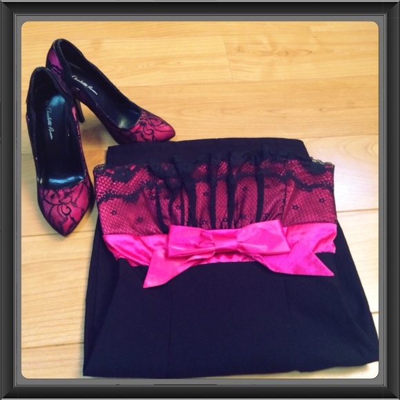 strapless dress and heels.