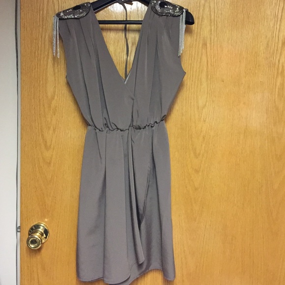 H&M grayish brownish dress with shoulder appliqués