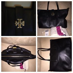 Tory Burch Black Leather Plaque Tote w/Dustbag