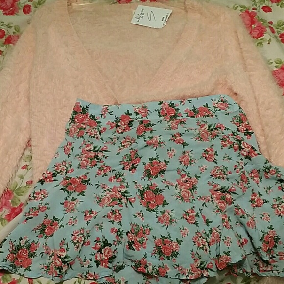 Fuzzy pink cardigan and floral shorts bundle