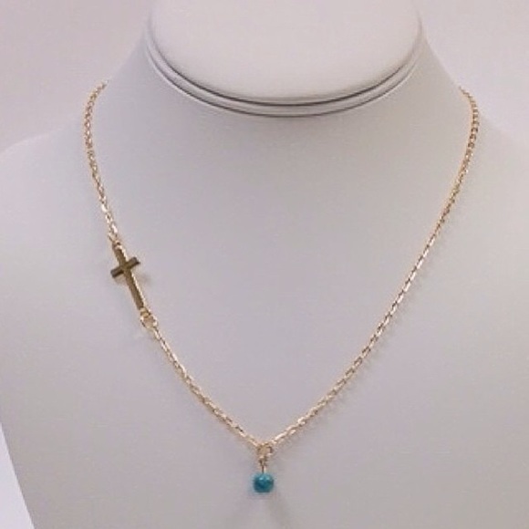 NWOT Gold cross turquoise bead necklace - Picture 2 of 3