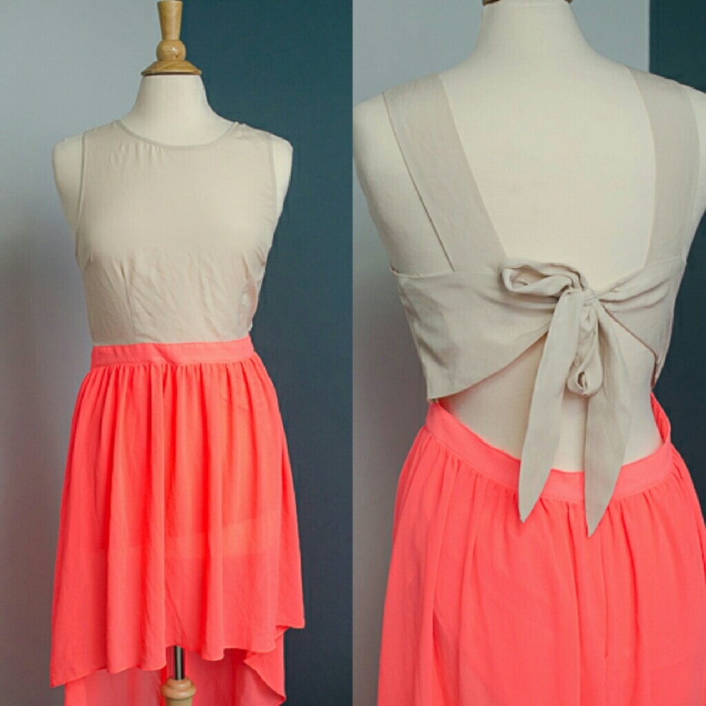 Tan and fluorescent coral high low dress.