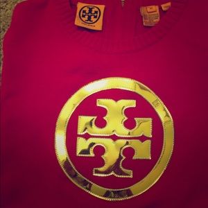 Hot pink Tory Burch sweater with gold logo