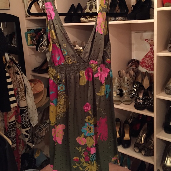 100% silk olive green & floral dress