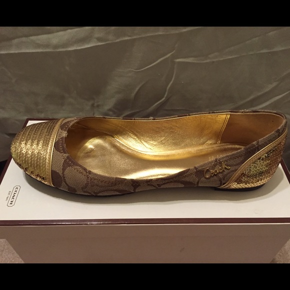 Coach Shine Sequin Flats in Khaki/Gold sz9
