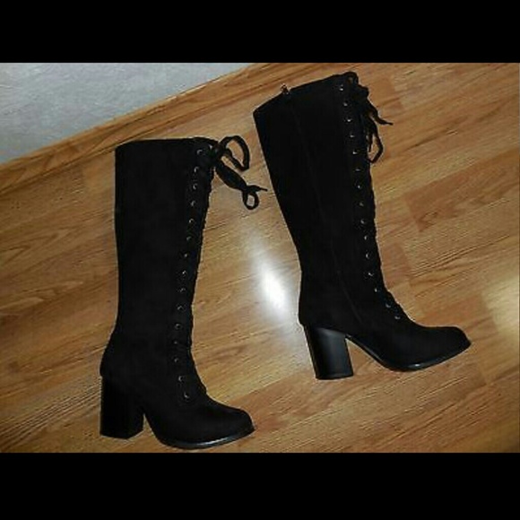 ♡ Forever 21 lace up faux suede tall boots black 6 - Picture 2 of 4