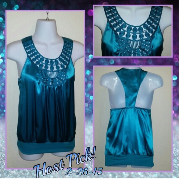 NWOT- Teal silk racerback cutout tank top