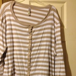 Tan and white striped button down shirt.