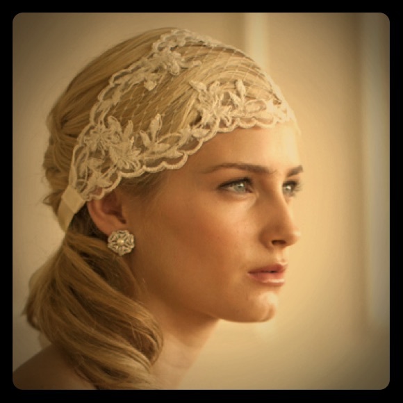 Split lace ribbon wedding headband French netting - Picture 1 of 2