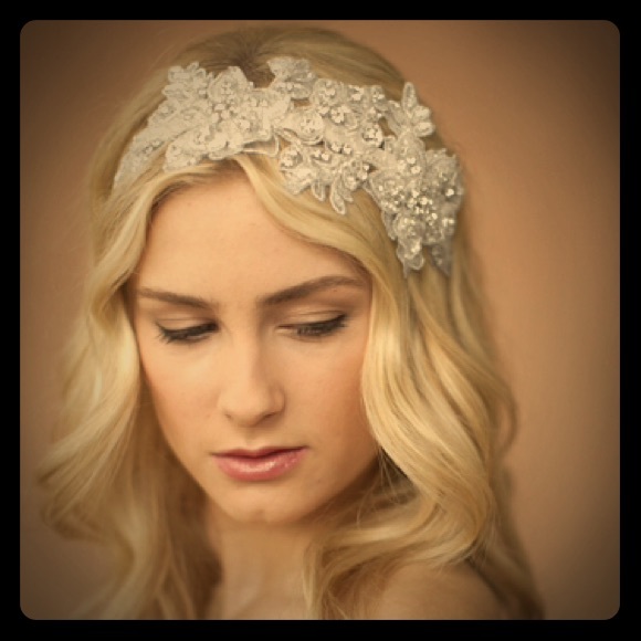 Sculptured lace wedding headband w/crystals &beads - Picture 1 of 3