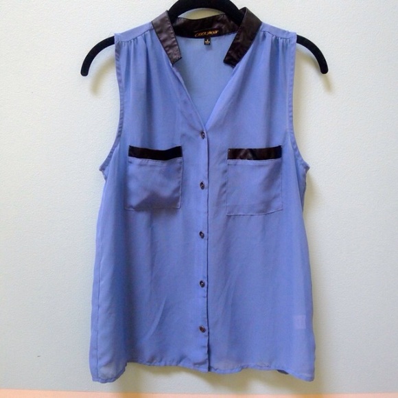 Tops - Light Blue Sheer Button Down Tank w Faux Leather!
