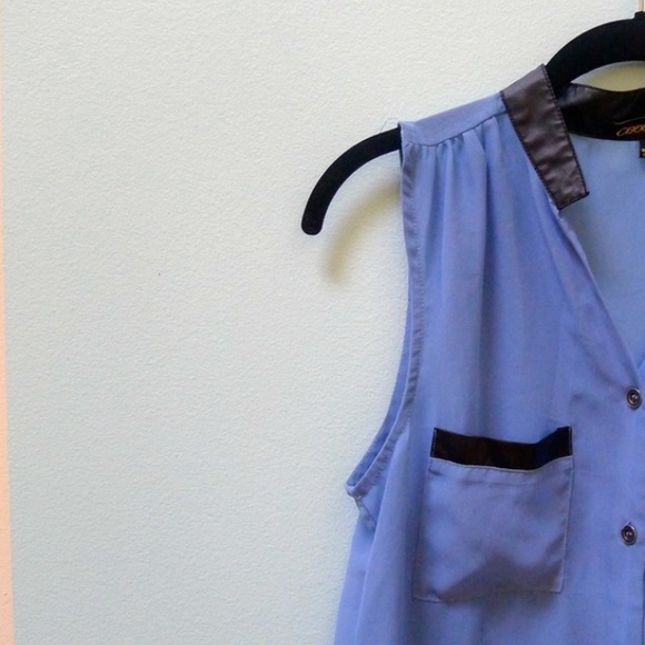 Light Blue Sheer Button Down Tank w Faux Leather! - Picture 3 of 4