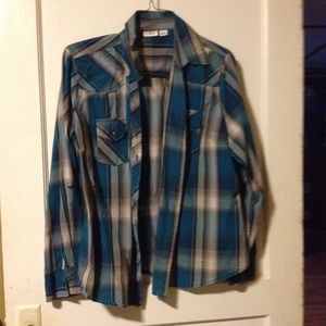 Plaid blue,brown,& white button down shirt