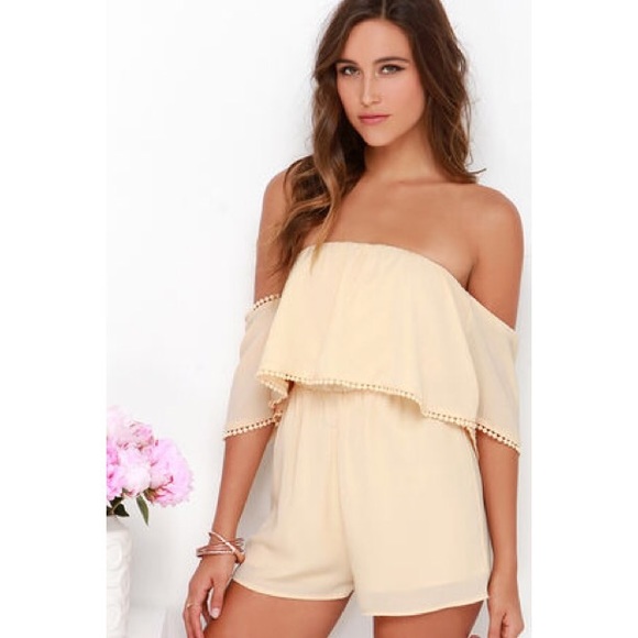 Lulus Dresses & Skirts - ✖️SOLD✖️Peach Off The Shoulder Pom-Pom Romper