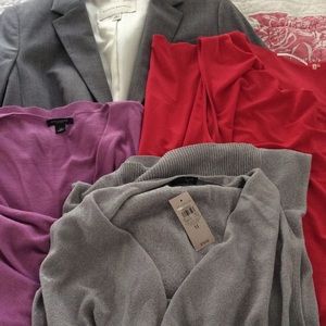 Bundle-suit jacket, dress, pink swtr, silver tnk