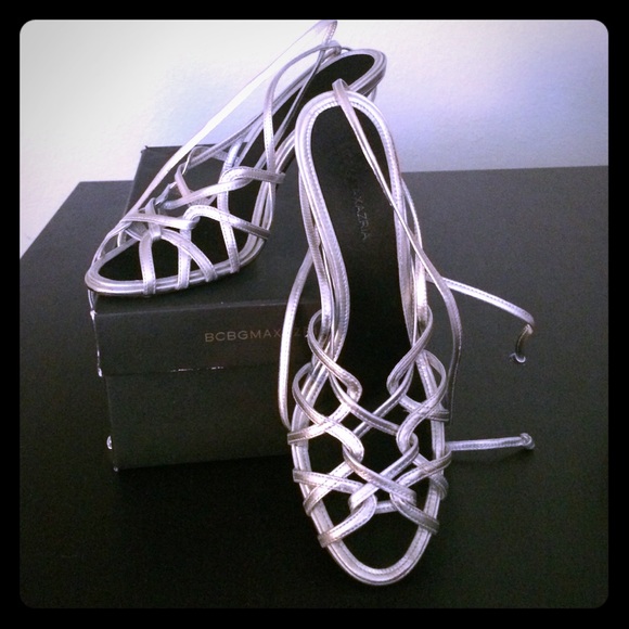 ⚡️SALE⚡️BCBG MaxAzria Silver Leather Strappy Heels - Picture 1 of 3