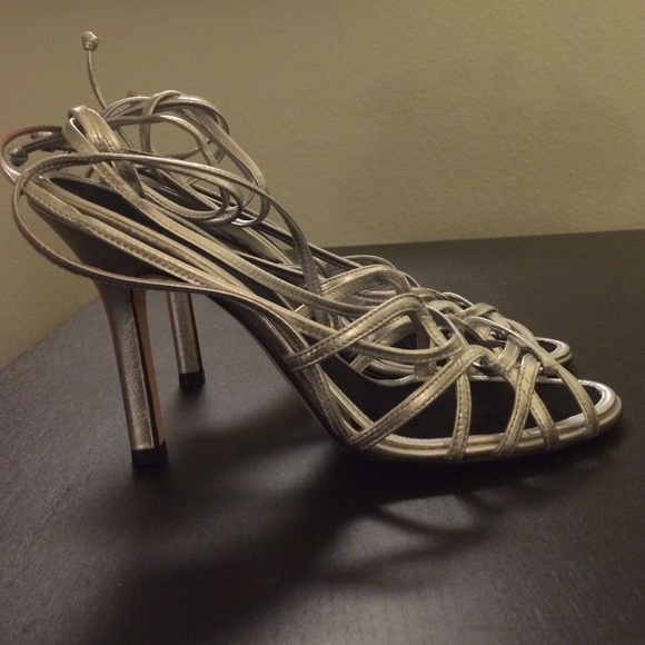 ⚡️SALE⚡️BCBG MaxAzria Silver Leather Strappy Heels - Picture 3 of 3