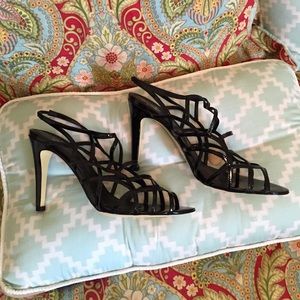 Black patent strappy high heel sandals