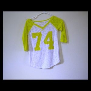yellow and white baseball tee