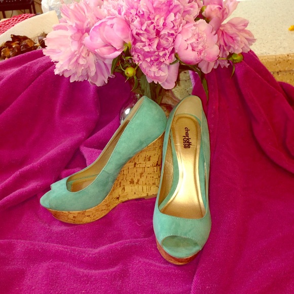 NWOT Mint Suede Peeptoe Wedge Heels Size 8