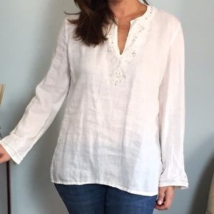 Linen tunic top with metallic floral embroidery