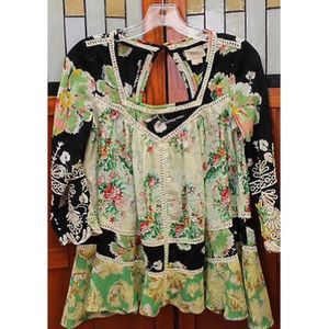 Eyelet Print 3/4 Sleeve Blouse Tunic Top US 0 XS