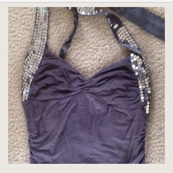 $3 vinted! grey silver beaded satin halter top