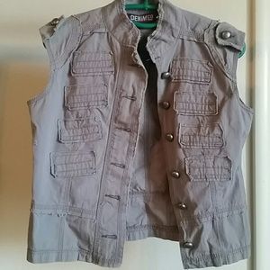 Military style olive green denim vest