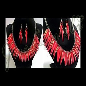 Racecar Red & Copper Spiked Necklace & Earring Set