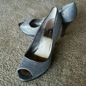 Nine West peep-toe sequined sparkly silver heels