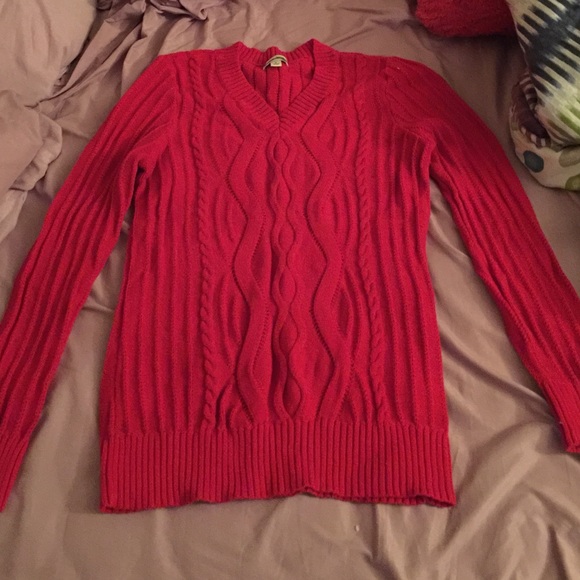 Red sweater from Boston Store.