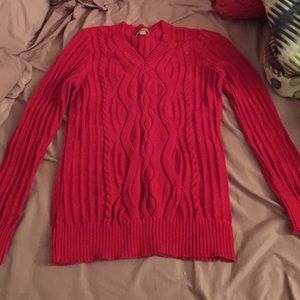 Red sweater from Boston Store.