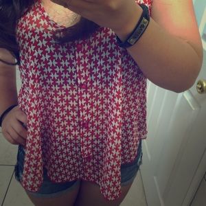 RED & WHITE HOUNDSTOOTH PRINT CHIFFON TOP