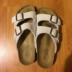 White two buckle strap slip on sandals