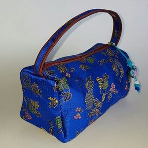 Asian stitched floral cobalt blue makeup clutch